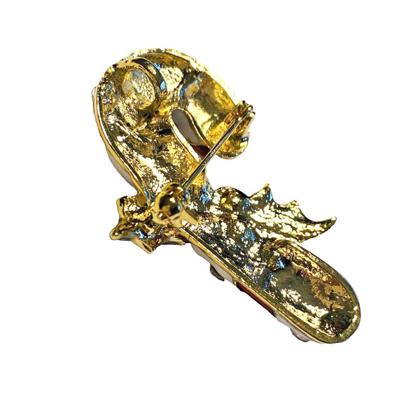 Christmas Brooch Pendant Red & White Enamel Candy Cane & Rhinestones Novelty Pin - Picture 5 of 6